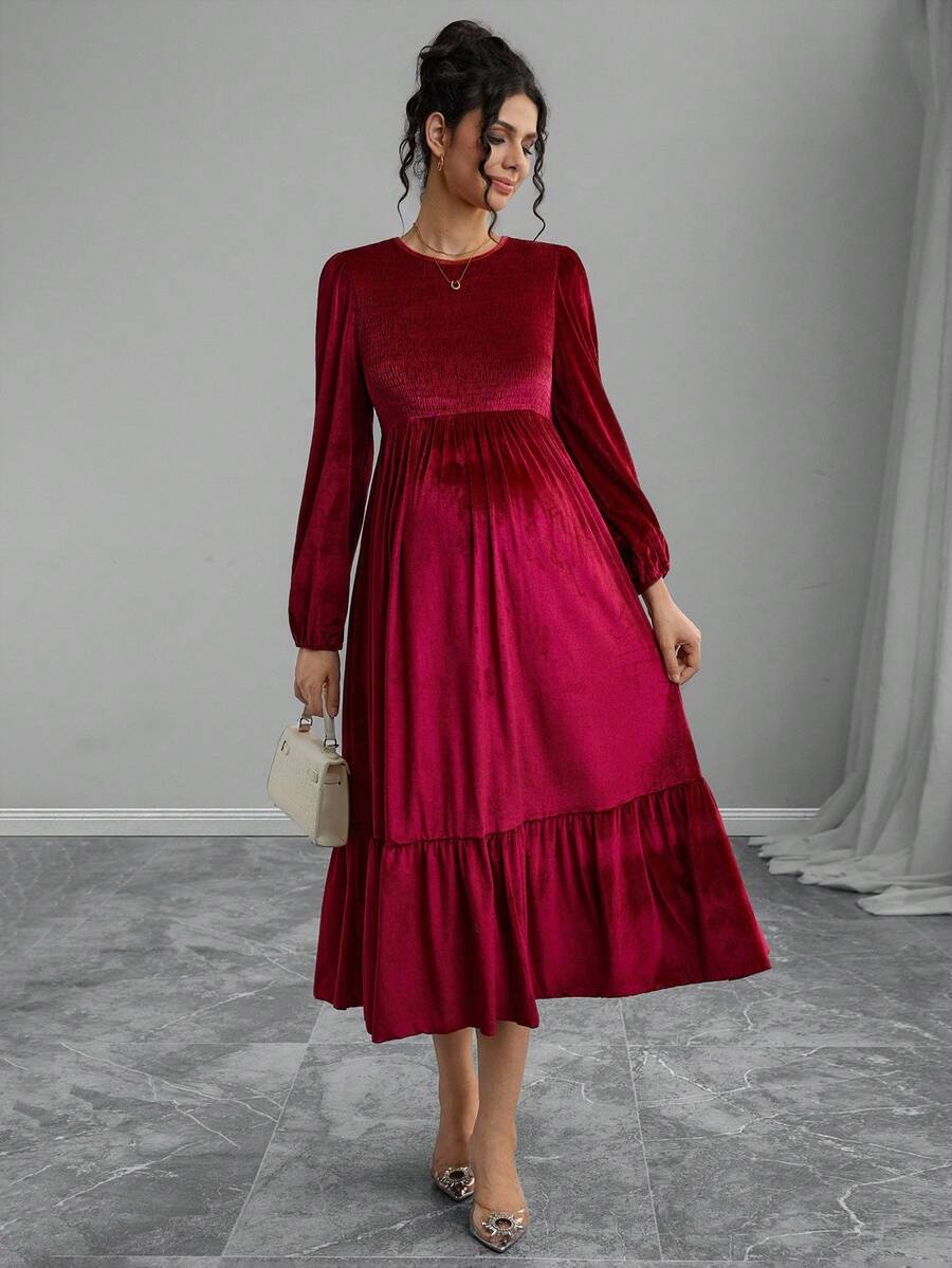 Momance Maternity Long Sleeve Round Neck A-Line Hem Velvet Dress - Burgundy - View 1