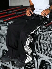 Manfinity EMRG Quần Jeans Denim Họa Tiết Rồng Chắp Vá Màu Tương Phản Cho Nam - màu đen - Xem 6