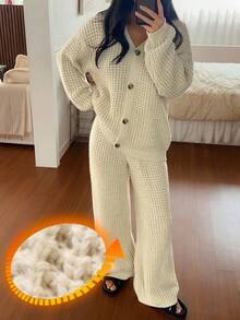 DAZY 女士简约针织宽松家居服套装，冬季睡衣，舒适套装，秋季服装 - 杏色 - 查看 3