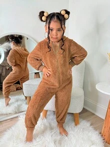 万圣节小女孩可爱熊连帽连体裤，保暖内衬，休闲家居服和外套，时尚可爱，秋冬