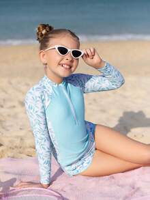 Camiseta protectora con estampado de hojas y cremallera frontal para niña preadolescente, para verano y playa