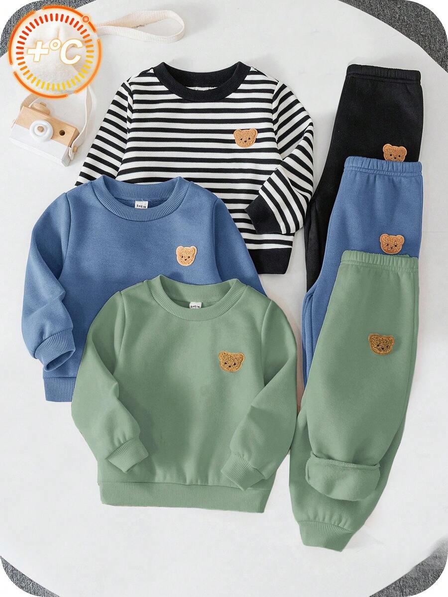SHEIN 6 件套男童/女童可爱卡通条纹纯色长袖运动衫和罗纹袖口裤两件套,适合秋冬季外出 - 彩色 - 查看 1
