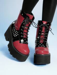 Sugerpunk Women's New Punk Style Boots, Thick Sole, Side Zipper, Fashion 8cm High Heel Riding Boots - Burgundy - View 1