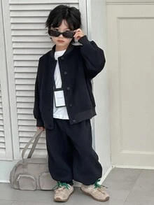 DAZY 男童休闲纯色夹克套装 - 藏蓝色 - 查看 4