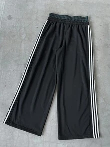 PAVTROS Manfinity Streetrush Men's Y2K Double Waist Stylish Wide-Leg Track Pants, Side Stripe & Letter Print, Casual Streetwear, Halloween, Back-To-School, Spring, Fall & Winter Apparel, Perfect Gift For Boyfriend - Black - View 2