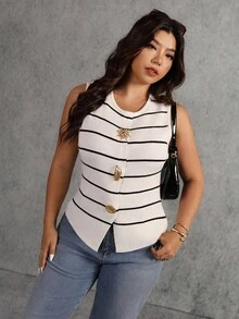 Elaquor Plus Size Women Metal Sun Decor Round Neck Striped Casual Knit Vest Plus Size Sleeveless Tops Plus Size Tank Tops, Casual Outfit For Women, White Tops, Winter Tops For Women