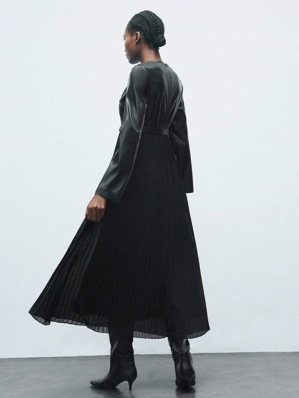 SHEIN Maija Women's Elegant Black PU Chiffon Patchwork Long Dress,Autumn Pleated Big A-Line Midi Dress With Belt,Round Neck Long Sleeve Dining&Party Outfit