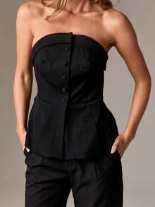 AiiRZ Top corset sin tirantes con botones delanteros, ajuste estructurado y detalle de volante - Negro - Ver 4