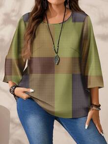 EMERY ROSE 大码女式休闲全身印花圆领宽松 3/4 袖衬衫，秋冬款 - 杏色 - 查看 11