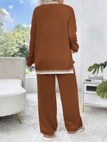 Elenzga Bộ áo len cổ tròn rộng rãi màu mơ và trắng cỡ lớn kèm quần ống rộng, trang phục thường ngày, thu/đông - màu nâu - Xem 3