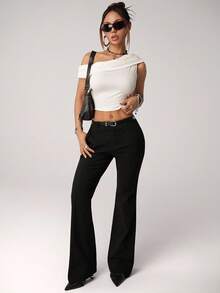 SHEIN ICON Women's Sexy Hot Girl Millennial Style Y2K Urban Modern Simple Commuting Office Siren Style Low Waist Belt Black Slim Flared Trousers - Black - View 6