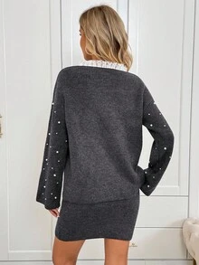 SHEIN LUNE Conjunto elegante de dos piezas gris para otoño para mujer, suéter de manga larga con patchwork de encaje con cuentas y falda, top suelto con borde de lechuga para atuendo de fiesta de cumpleaños - Gris Oscuro - Ver 2