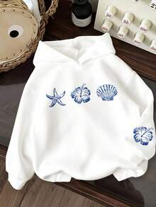 休闲海滩度假风格，芙蓉花，火焰花热带花卉，青少年女孩休闲宽松圆领舒适长袖运动衫，适合秋冬季 - 彩色 - 查看 4