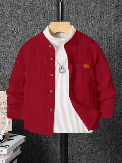 SHEIN 儿童/年轻男孩休闲韩版多口袋纯色梭织白色长袖衬衫，适合学校、花园、海滩、生日、春季、夏季、秋季、冬季学校准备白衬衫长袖上衣白色上衣可爱上衣少女衬衫男童服装长袖儿童服装 Y2k 上衣