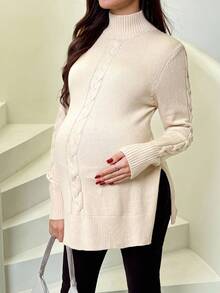 SHEIN 孕妇纯色高领长袖开衩休闲套头衫 - 卡其色 - 查看 5