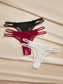 Charlaine 3 piezas/paquete Bragas tipo tanga de mujer con lazo de encaje y talle bajo