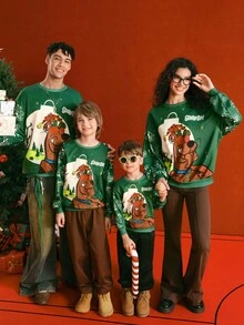 SCOOBY-DOO X SHEIN Sudadera de cuello redondo de manga larga con estampado de dibujos animados navideños para niño preadolescente