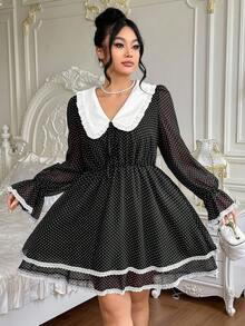 Flirla Plus Size Women's Chiffon Polka Dot Ruffle Splice Contrast Color Peter Pan Collar Dress, Party - Black - View 3