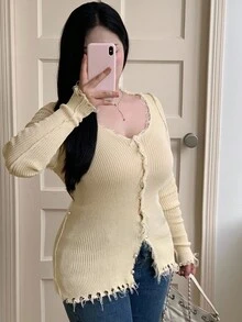 Dazy Plus Cardigan da donna con scollo a V, taglio slim, maniche lunghe, con patchwork e frange, taglia comoda, adatto per primavera/autunno - Albicocca - Visualizzare 6