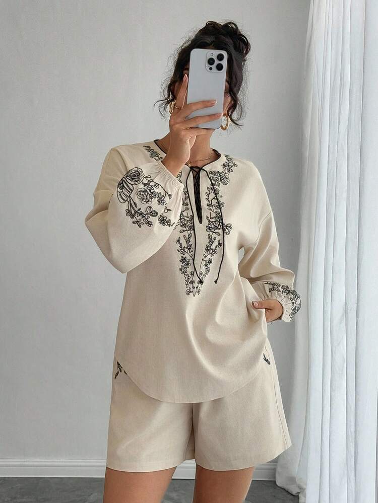 Vintage Vacation Long Sleeve Top And Shorts Set, 2pcs/Set For Women Lounge Sets For Women