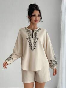 DAZY Vintage Vacation Long Sleeve Top And Shorts Set, 2pcs/Set For Women Lounge Sets For Women - Apricot - View 3