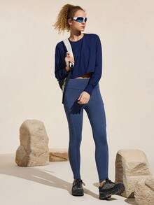 Easithlete Solid Color Casual Crew Neck Long Sleeve Cropped Women Outdoor T-Shirt