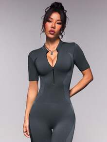 Exploreva Damen Outdoor Ganzanzug für Sport-Training und Fitness, Hoher Stretch Bauchkontrolle Reißverschluss Bodysuit & Hose - Dunkelgrau - Übersicht 4