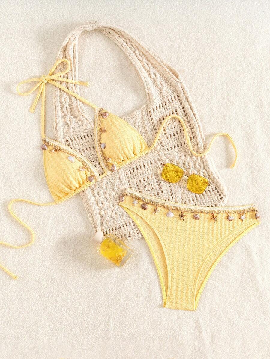 Swim Mod Textured Halter Neck Bikini Set With Starfish & Shell Decor - Yellow - View 1