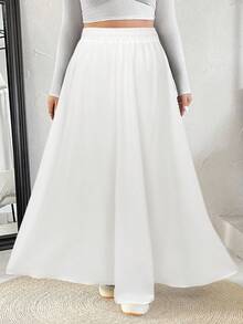 SHEIN EZwear 大码女式纯色松紧腰 A 字裙 - 白色 - 查看 4