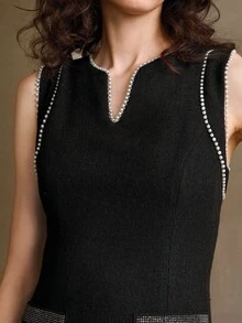 Arave 优雅法式手工串珠无袖背心拼布褶皱女式长裙 - 黑色 - 查看 2