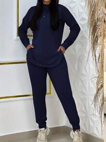 INAWLY 女式纯色长袖抽绳连帽运动衫和裤子休闲两件套，秋季 - 藏蓝色 - 查看 3