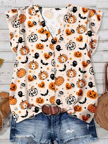 EMERY ROSE 女式休闲宽松 V 领衬衫，带飘袖，饰有万圣节南瓜怪异趣味图案，非常适合初秋和秋季假期 秋季万圣节衬衫 女式万圣节衬衫 女式万圣节上衣 万圣节上衣 可爱万圣节衬衫 - 彩色 - 查看 7