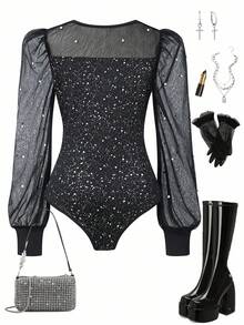 Teens' European & American Style Pearl Mesh Bodysuit Fall Winter - Black - View 2