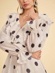 Amorya Robe longue vintage élégante à col V, volants et taille à pois, coupe évasée. Convient pour les sorties et de multiples occasions, automne - Multicolore - Voir 7