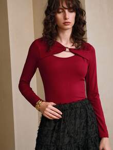 Revavyn Revavyn Women's Elegant Burgundy Autumn Knitted Top,Slim One-Shoulder Ring Buckle Decoration Brushed Bottoming Shirt,Daily Commuting Night Out Tops - Red - View 5