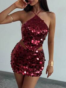 Aloruh 女式纯色亮片不对称下摆露背背心和迷你裙性感时尚两件套 - 酒紅色 - 查看 5