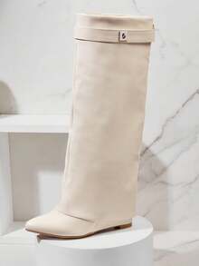 SHUZIA Bốt cao gót đế xuồng, mũi nhọn, gấp gọn qua đầu gối, thời trang dành cho nữ - Màu be - Xem 5