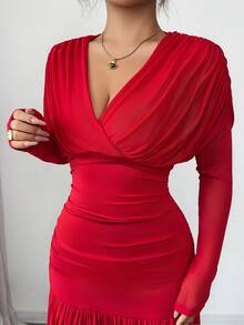 Elenzga Fashionable Urban New Women's Solid Red V-Neck Long Sleeve Sexy Hollow-Out Mesh Patchwork Pleated A-Line Maxi Dress, Suitable For Commuting, Graduation Party, Holiday Events, Dates, Daily Wear, Autumn/Winter - Red - View 5