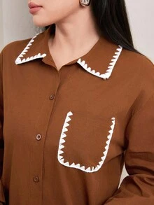 Veilorie 保守休闲撞色镶边阿拉伯风格女式连衣裙 - 咖啡棕 - 查看 1