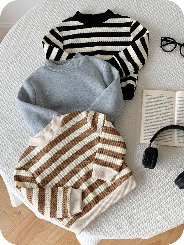 SHEIN 3pcs/Set Baby Boy/Girl Casual Basic Striped Crew Neck Sweatshirts, Autumn/Winter Neutral Baby Clothes Fall
