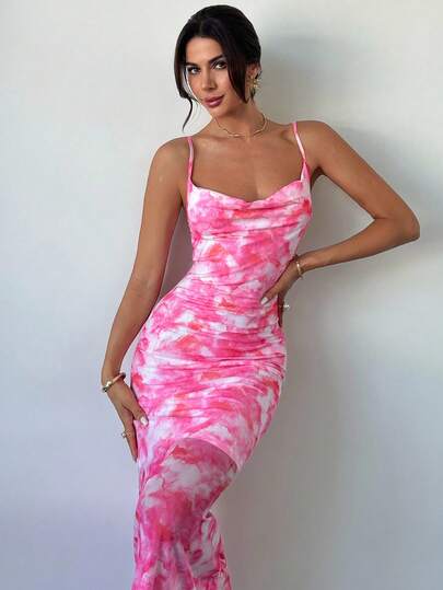 Firerie Women's Elegant Minimalist Chic Romantic Fashion Vacation Party Daily Plunging Neck Abstract Print Bodycon Dress, Spring/Summer