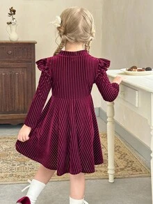 LMoss Kids LMoss 女童纯色荷叶边休闲针织连衣裙 儿童荷叶边连衣裙 女童秋季连衣裙 法式秋季连衣裙 儿童女童天鹅绒连衣裙，红色裙子，圣诞节，舒适秋冬款式，温暖秋冬风格，温暖秋冬款式，冬季服装 - 紅色 - 查看 2