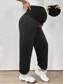 SHEIN Quần ống rộng cạp chun có thể điều chỉnh, Quần bầu, Quần ống rộng màu trơn dành cho nữ - màu đen - Xem 1