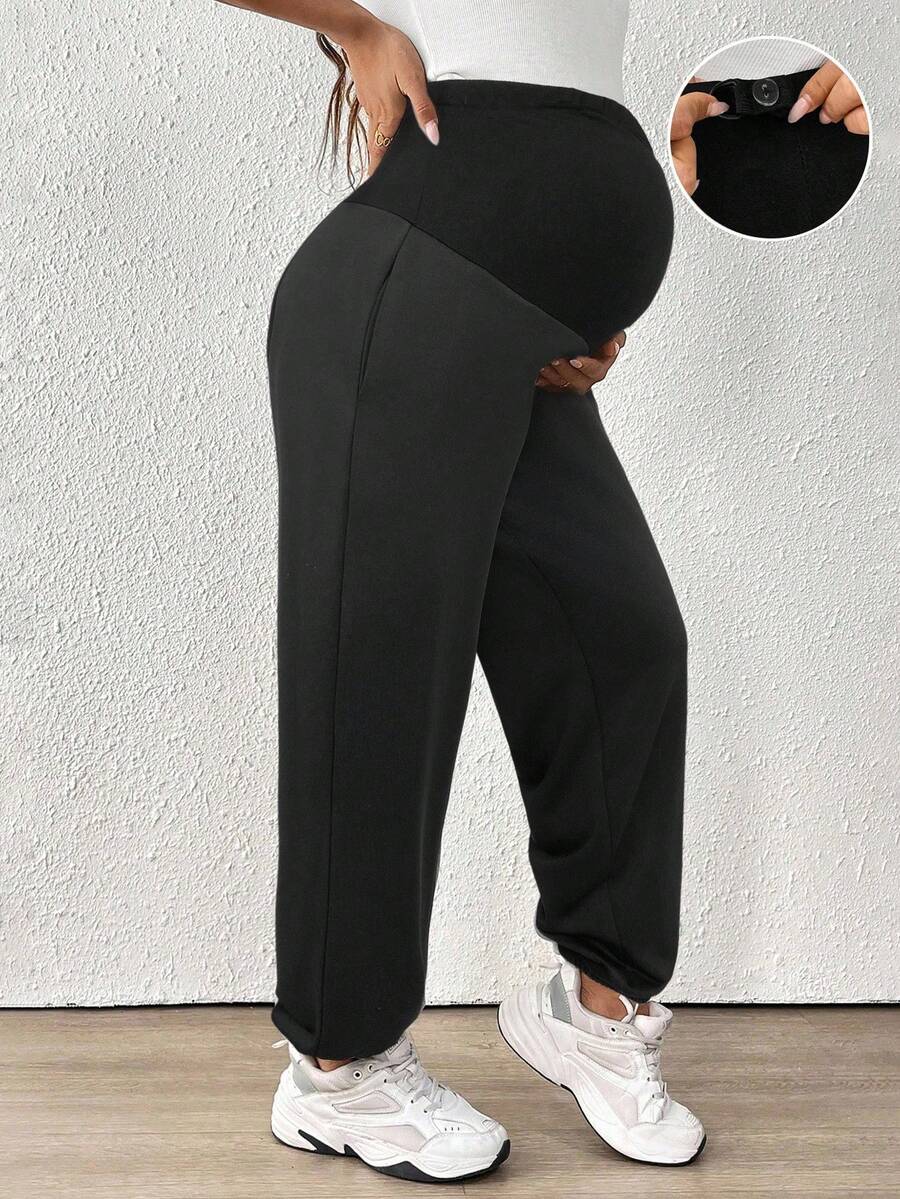 SHEIN Quần ống rộng cạp chun có thể điều chỉnh, Quần bầu, Quần ống rộng màu trơn dành cho nữ - màu đen - Xem 1