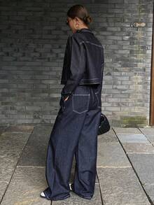 DAZY Women's Casual Long Sleeve Jacket And Wide Leg Jeans Suit, Autumn - Navy Blue - View 2