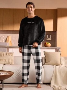 SHEIN 男士休闲睡衣套装（长袖上衣和长裤），秋冬装，圣诞节，蓬松舒适 - 黑色 - 查看 5