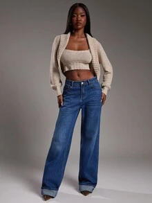 NYA SZN Women's Beige Autumn Casual Lounge Long Sleeve Bolero Cardigan Over Sleeveless Knit Crop Top,Fitted Bodycon Oversized Everyday Business Office Outfit - Apricot - View 4