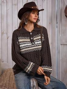 女式复古费尔岛麻花领扭纹西部风水钻纽扣针织 Polo 衫，LanaWest - 棕色 - 查看 7