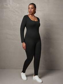 SHEIN Tall CURVE 大码优雅休闲纯色黑色长袖紧身连体裤，U 领 - 黑色 - 查看 5