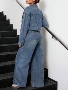 SHEIN 2pcs/Set Teen Girl Y2k Blue Denim Lapel Short Jacket And Loose Fit Pants, Two Piece Denim Set, Jean 2 Piece Set, Wide Leg Jeans Girls, Teen Denim Outfit,2000s Style,Old Money Jeans Fall Winter